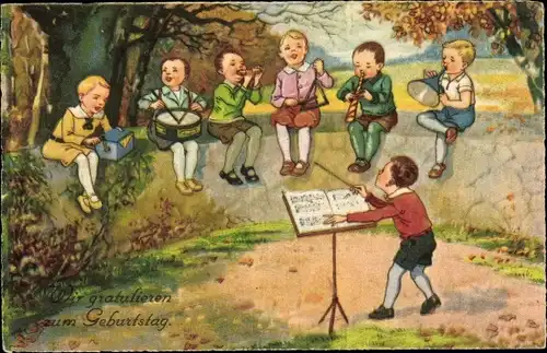 Ak Glückwunsch Geburtstag, Singende Kinder, Musikinstrumente, Dirigent, Orchester