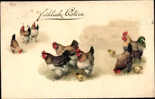 Präge Ak Glückwunsch Ostern, Hühner-Familie, Küken