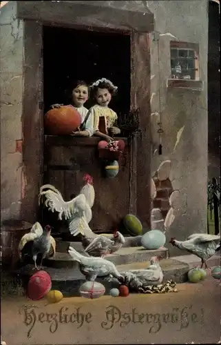 Ak Glückwunsch Ostern, Mädchen, Hühner, Ostereier, Hühnerstall