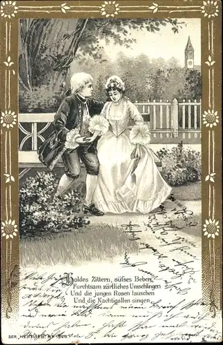 Passepartout Litho Liebespaar im Garten, Sitzbank, Gartenanlagen