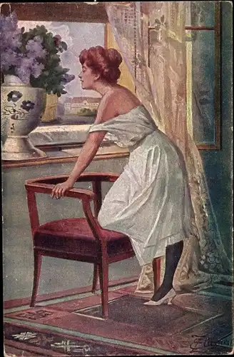 Künstler Ak Zlamal, E., Ob er kommt, Frau auf seinen Mann wartend, Blumen, Fenster