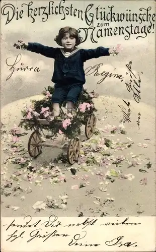 Ak Glückwunsch Namenstag, Kinder, Fuhrwerk mit Blumen