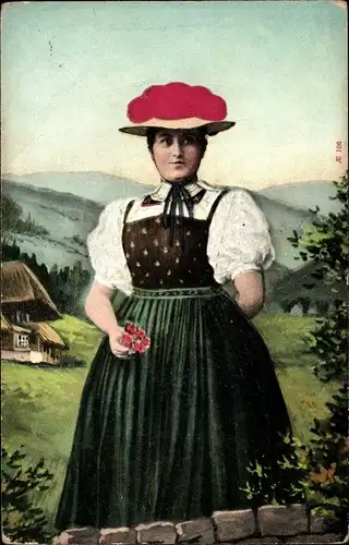 Stoff Ak Schwarzwälderin in Trachten