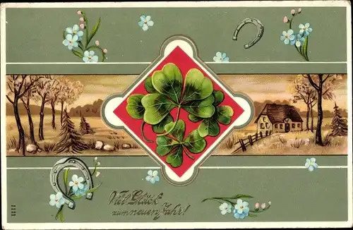 Ak Glückwunsch Neujahr, Glücksklee, Hufeisen, Vergissmeinnicht