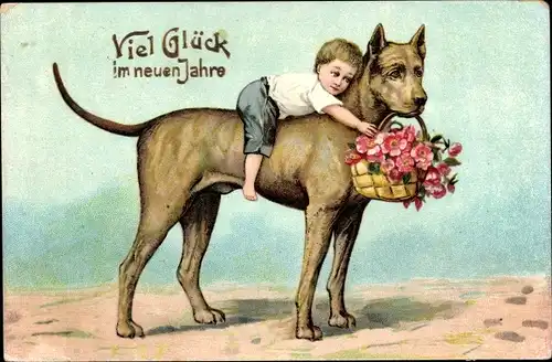 Ak Glückwunsch Neujahr, Junge auf großem Hund reitend, Korb mit Blumen