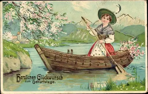 Ak Glückwunsch Geburtstag, Mädchen in Tracht beim Rudern, Blühender Baum