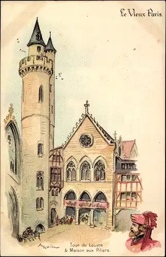 Künstler Litho Robida, Paris, Tour du Louvre, Maison Piliers