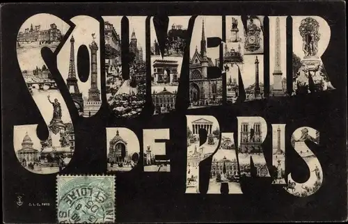 Buchstaben Ak Paris, Eiffelturm, Triumphbogen, Oper Garnier, Notre Dame, Obelisk