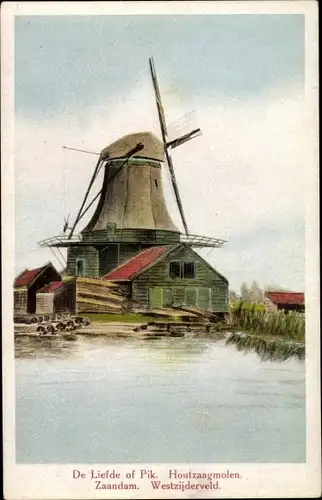 Ak Zaandam Zaanstad Nordholland, De Liefde of Pik, Houtzaagmolen