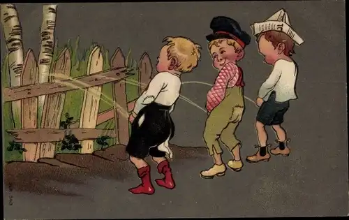 Ak Drei Jungen pinkeln gegen einen Zaun