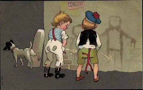 Ak Zwei Jungen pinkeln Figuren an eine Wand