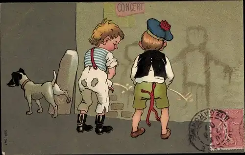 Ak Zwei Jungen pinkeln Figuren an eine Wand