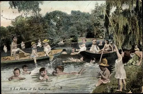 Ak La Peche et la Natation, Kinder beim Schwimmen und Angeln, Fotomontage
