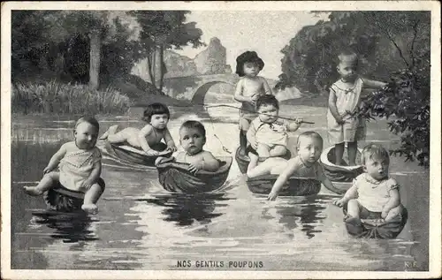 Ak Nos gentils poupons, Kinder in Nussschalen auf dem Wasser