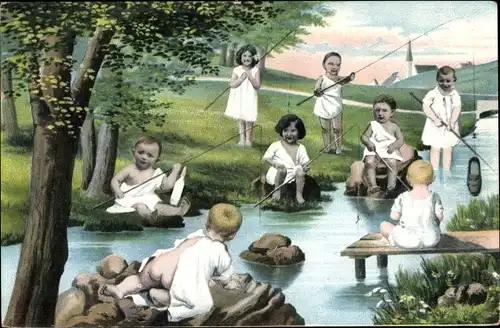 Ak Kleinkinder beim Angeln am Fluss