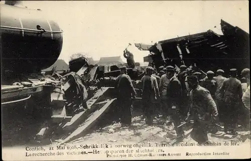 Ak Contich Kontich Flandern Antwerpen, spoorweg ongeluk, accident de chemin de fer 1908