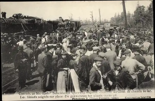 Ak Contich Kontich Flandern Antwerpen, Spoorweg ongeluk, accident de chemin de fer 1908