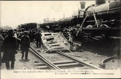 Ak Contich Kontich Flandern Antwerpen, spoorweg ongeluk, accident de chemin de fer 1908, voitures