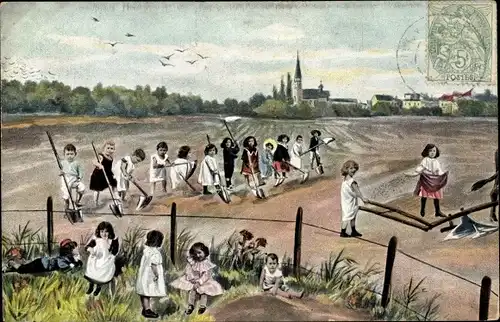 Ak Kinder bei der Feldarbeit, Fotomontage, Landwirtschaft
