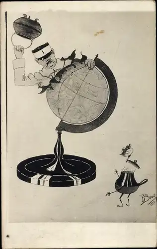 Ak Französischer Soldat klettert aus einem Globus, vermenschlichte Teekanne