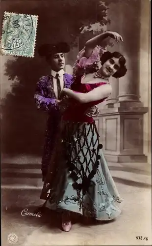 Ak Carmela, tanzendes Paar in spanischen Trachten