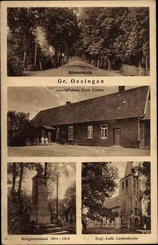 Ak Groß Oesingen in Niedersachsen, Bahnhofstraße, Geschäftshaus Ernst Cordes, Kriegerdenkmal, Kirche