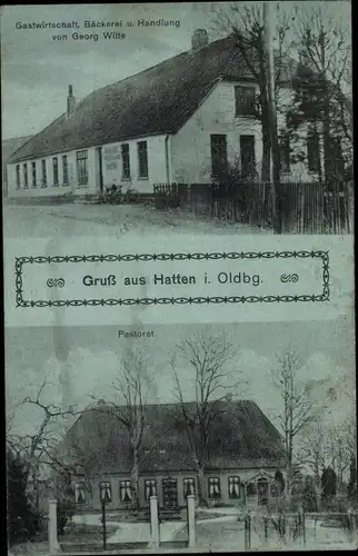 Mondschein Ak Hatten in Oldenburg, Gastwirtschaft, Bäckerei u. Handlung Georg Witte, Pastorat