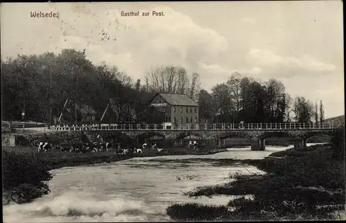 Ak Welsede Emmerthal Niedersachsen, Gasthof zur Post, Flusspferd, Brücke