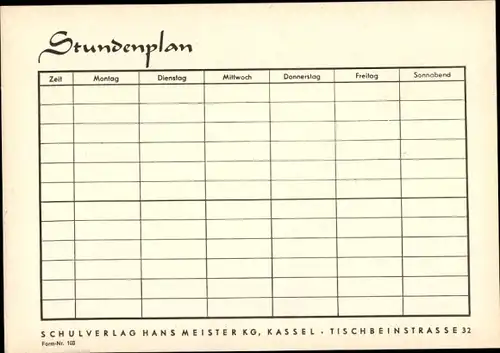 Stundenplan Schulverlag Hans Meister KG, Kassel, Tischbeinstraße 32 um 1960