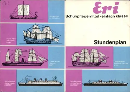 Stundenplan ERI Schuhpflegemittel, Segelschiff, Passagierschiffe um 1960