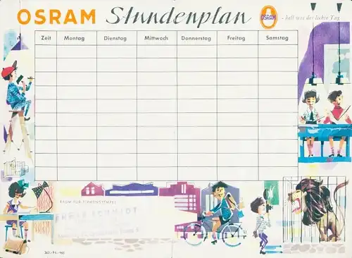 Stundenplan Reklame OSRAM Glühbirnen, Kinder um 1960/70