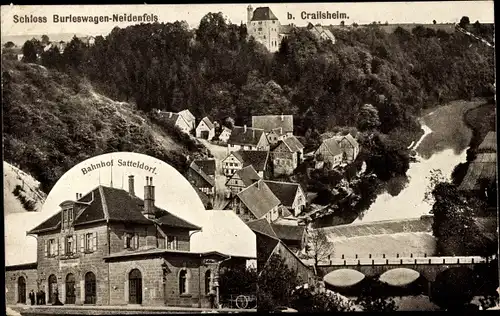 Ak Burleswagen Satteldorf in Baden Württemberg, Blick auf das Schloss, Bahnhof, Wehr