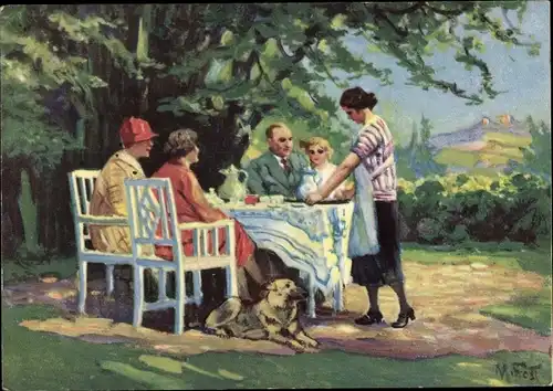 Künstler Ak Frost, M., Im Park, Familie am Tisch, Hund, Krug, Tassen