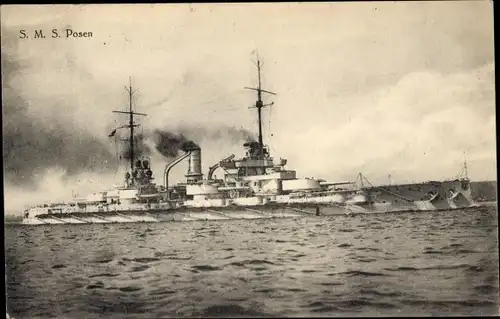 Ak Deutsches Kriegsschiff SMS Posen, Großlinienschiff, Nassau Klasse, Kaiserliche Marine