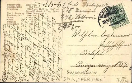 Ak Deutsches Kriegsschiff, SMS Thüringen, Linienschiff