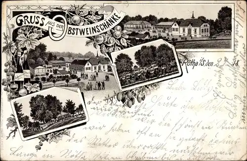 Vorläufer Litho Rötha in Sachsen, Obstweinschänke, Panorama vom Ort, 1895