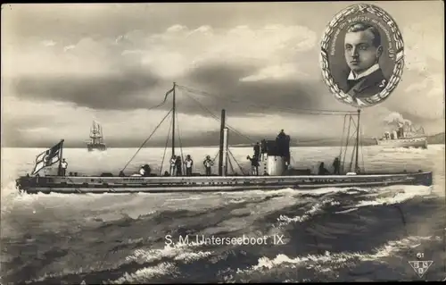 Ak Deutsches U Boot, Unterseeboot, SM U 9, Kapitänleutnant Otto Weddigen