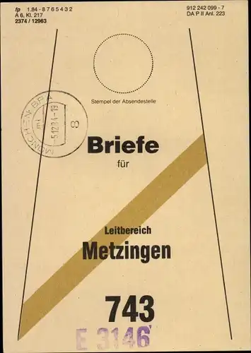 Ak Metzingen in Württemberg, Briefe für Leitbereich Metzingen 743