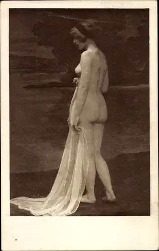 Ak Frauenakt, nackte stehende Frau, Rückansicht, Po