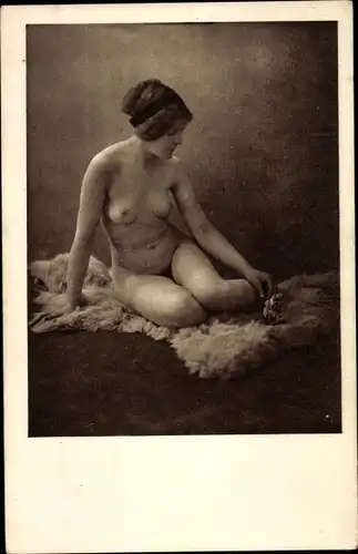 Ak Frauenakt, nackte Frau auf einem Eisbärenfell, Busen