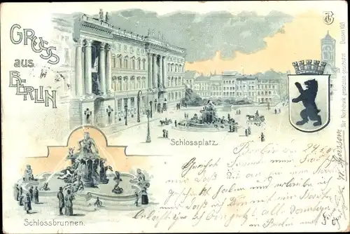Litho Berlin Mitte, Schlossplatz, Schlossbrunnen, Wappen