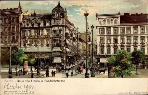 Litho Berlin Mitte, Unter den Linden und Friedrichstraße, Hotel Bauer, Tram