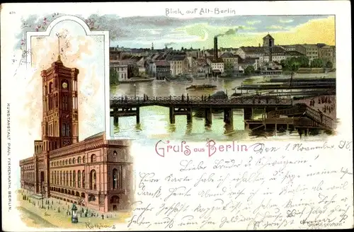 Litho Berlin Mitte, Rathaus, Altstadt von der Spree