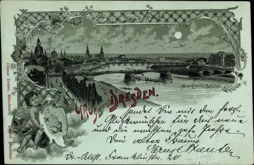 Mondschein Litho Dresden Altstadt, Neue Carola Brücke