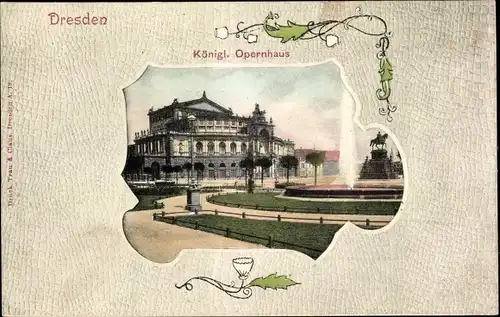 Passepartout Ak Dresden Altstadt, Königl. Opernhaus, Springbrunnen, Denkmal
