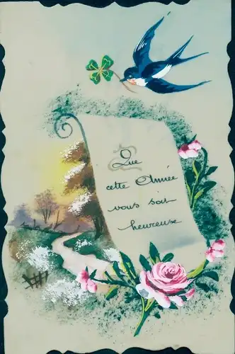 Zelluloid Ak Schwalbe, Glücksklee, Rosen