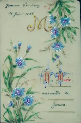 Zelluloid Ak Buchstabe M, Blaue Blumen