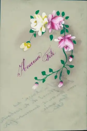 Zelluloid Ak Heureuse Fete, Rosen