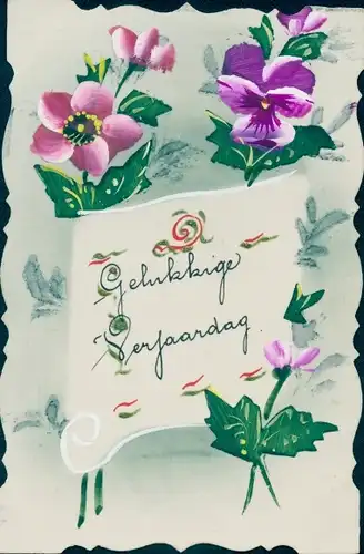 Zelluloid Ak Lila Blumen, Kitsch