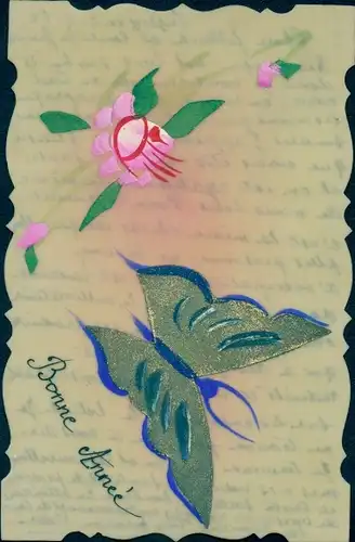 Zelluloid Ak Glückwunsch Neujahr, Schmetterling, Blume